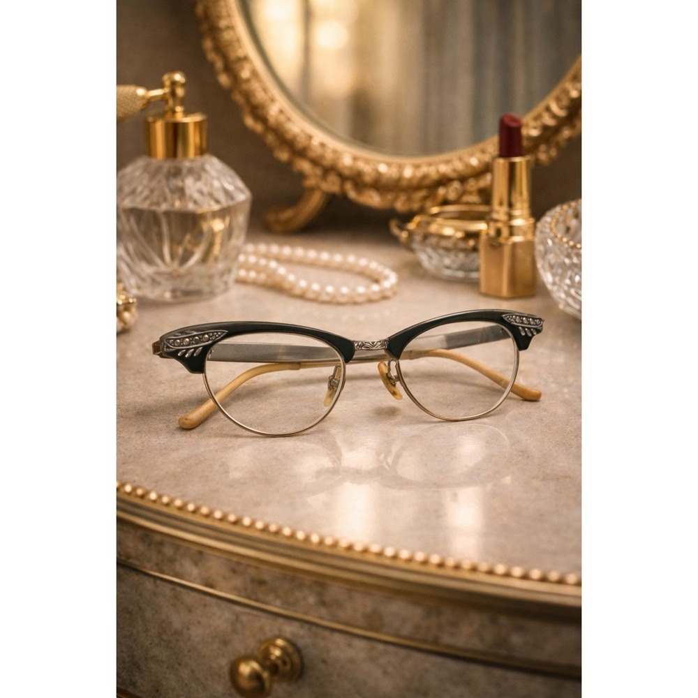 Vintage 1950s Artcraft Style Cat Eye Glasses 1/2 12K GF Rhinestone Wing 6 1/2